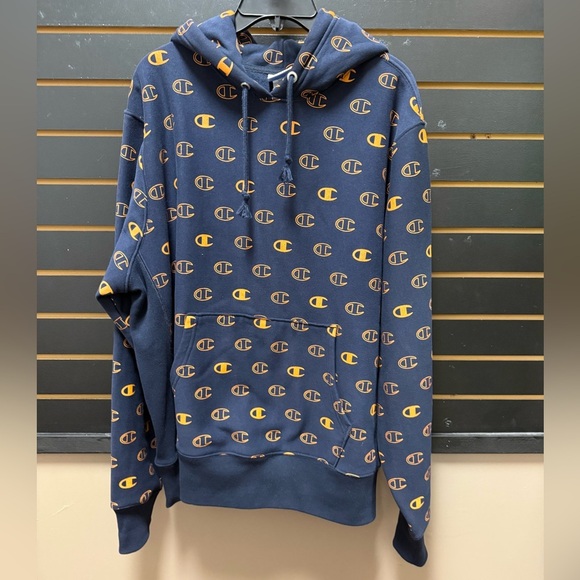 Champion Men's Navy Hoodie with orange  Logo Pattern - Picture 1 of 3